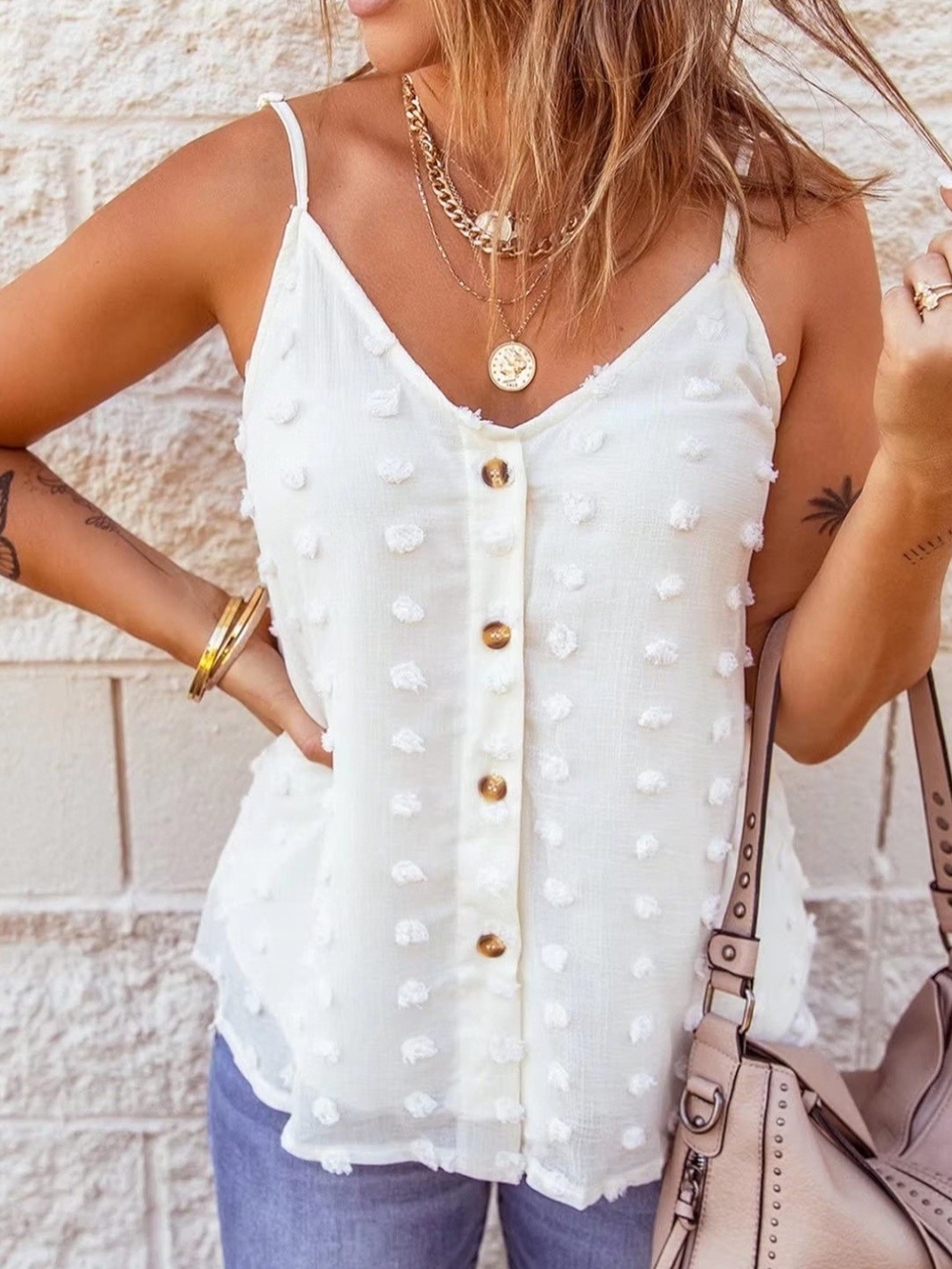 White V Neck Button Front Sleeveless Top - Picture 2 of 11